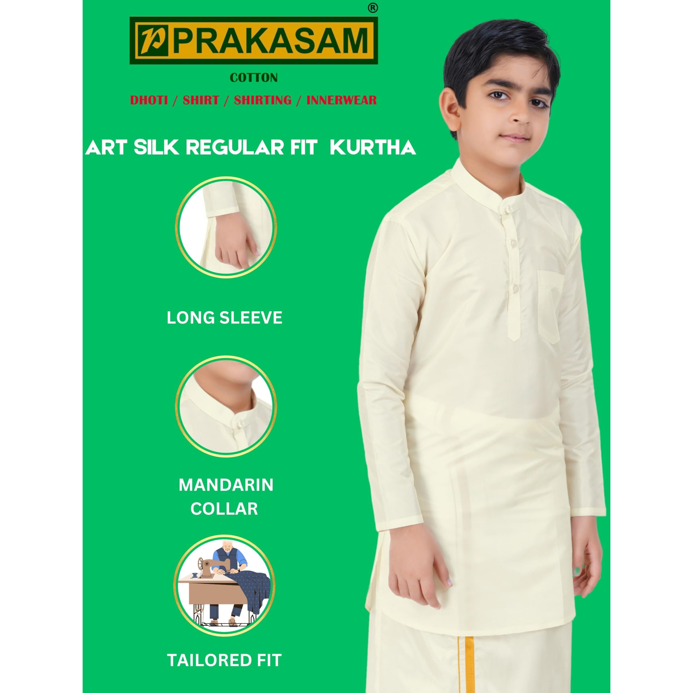 Prakasam Cotton Boys Cream Art Silk Long Sleeve Kurtha With Stitched Art Silk Cream Dhoti For Boys