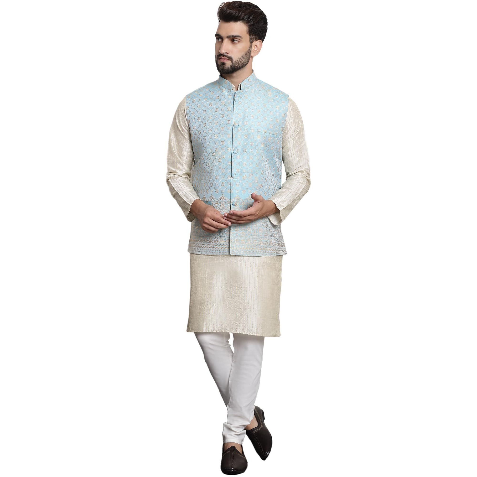 Sojanya (Since 1958 Mens Silk Blend Cream Kurta And Off-White Pyjama With Blue Stylish Nehruacket Set