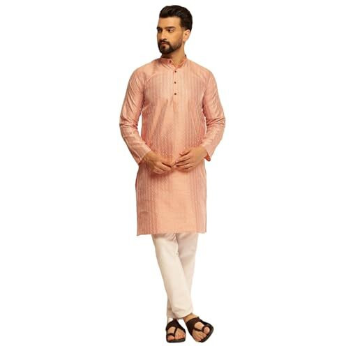 Sojanya(Since 1958 Mens Silk Blend Contrast White Thread Detailing Peach Kurta With Pyjama