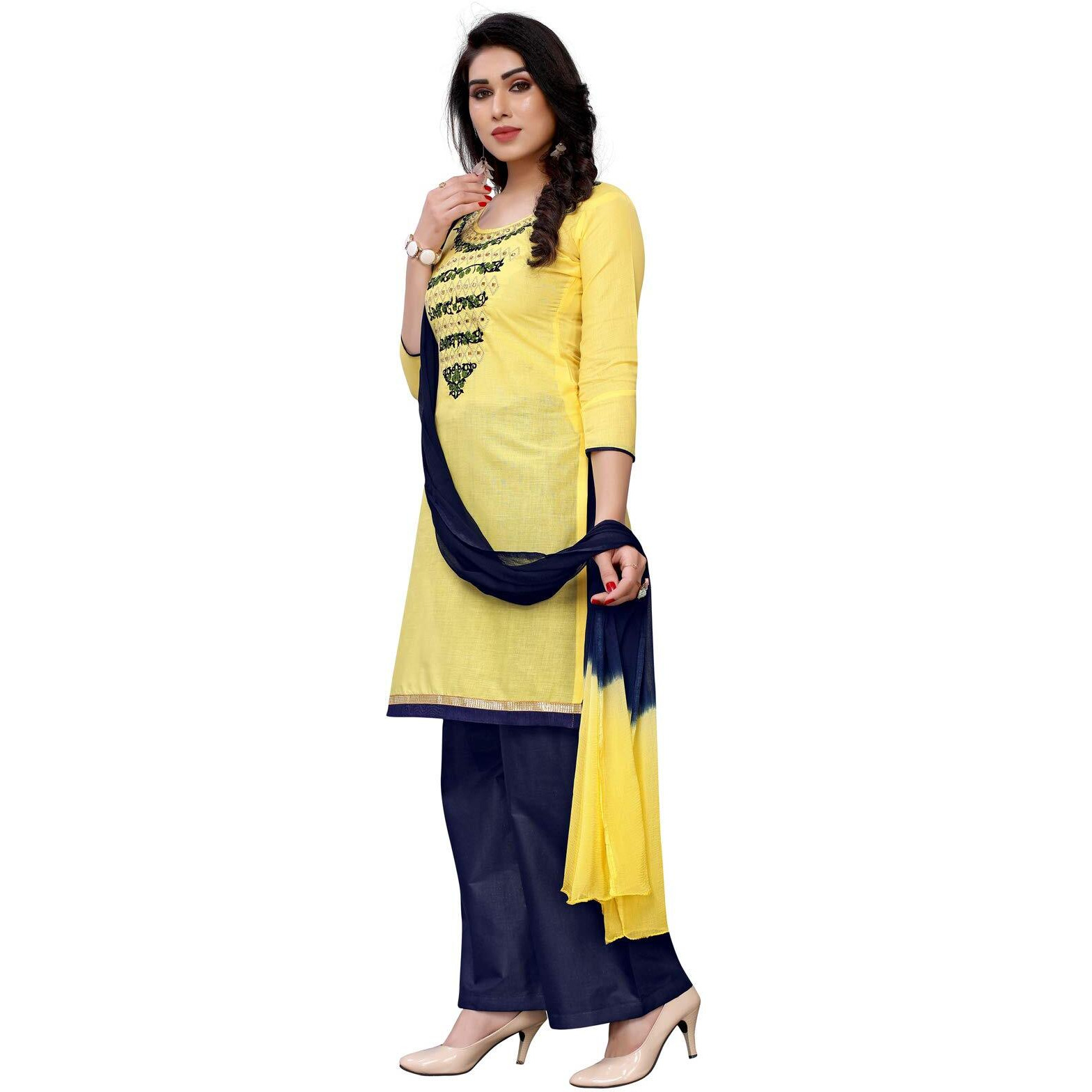Satrani Womens Cotton Dress Material (986Dt143_Yellow And Blue_One Size)