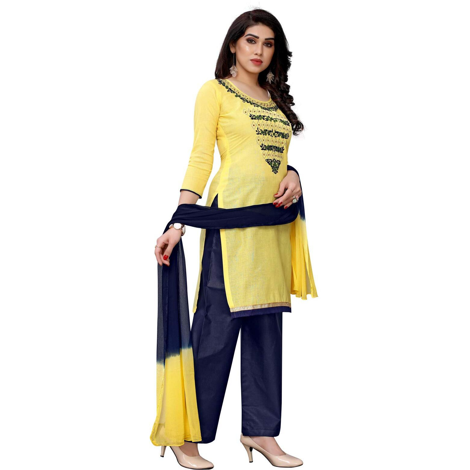 Satrani Womens Cotton Dress Material (986Dt143_Yellow And Blue_One Size)