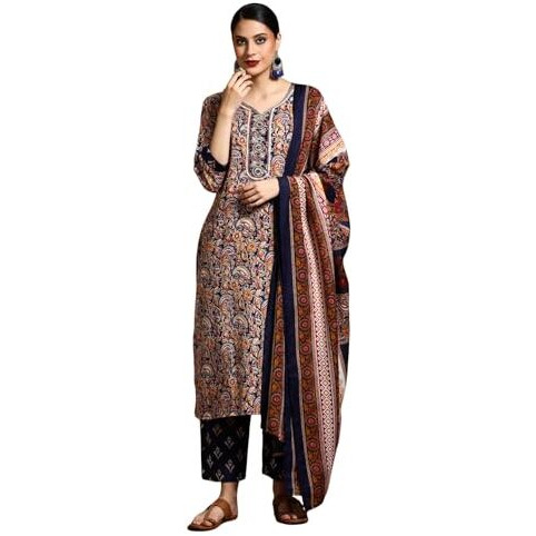 Varanga Women-Zari Detailed Ethnic Floral Printed Kurta With Trouser & Dupatta