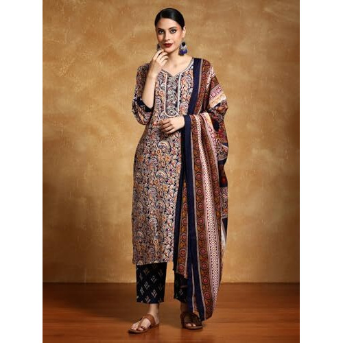 Varanga Women-Zari Detailed Ethnic Floral Printed Kurta With Trouser & Dupatta