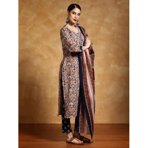 Varanga Women-Zari Detailed Ethnic Floral Printed Kurta With Trouser & Dupatta