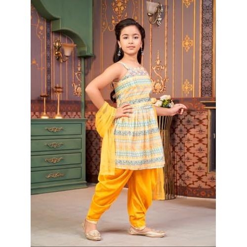 Aarika Girls Ethnic Wear Yellow Colour Floral Print Silk Kurti Patiala Set (4-13 Years)