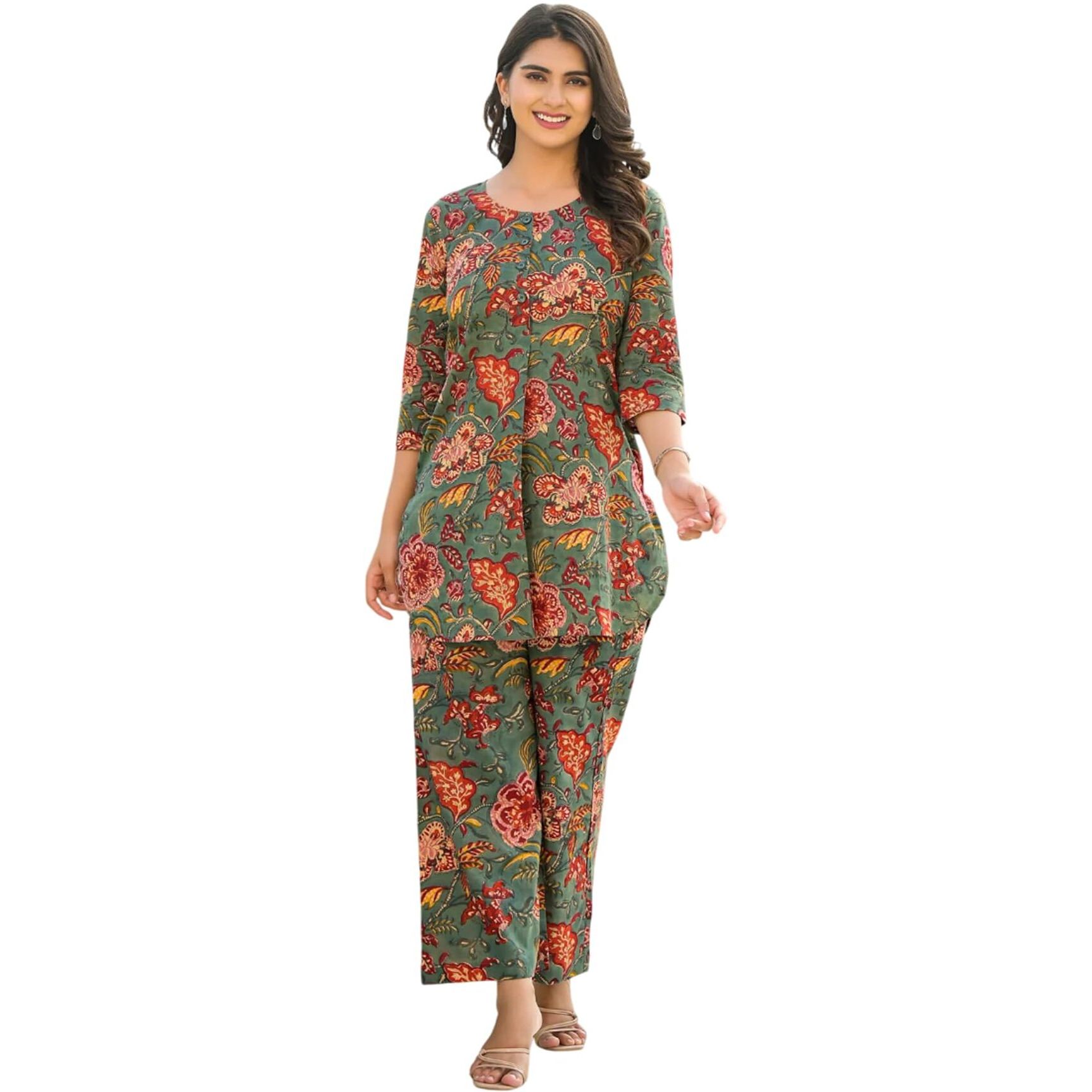 Fabnex Womens Cotton Blend Floral Printed Kurta Set With Palazzo | Ethnic Wear Kurti Pant Set (K-119-120) (Green, L)