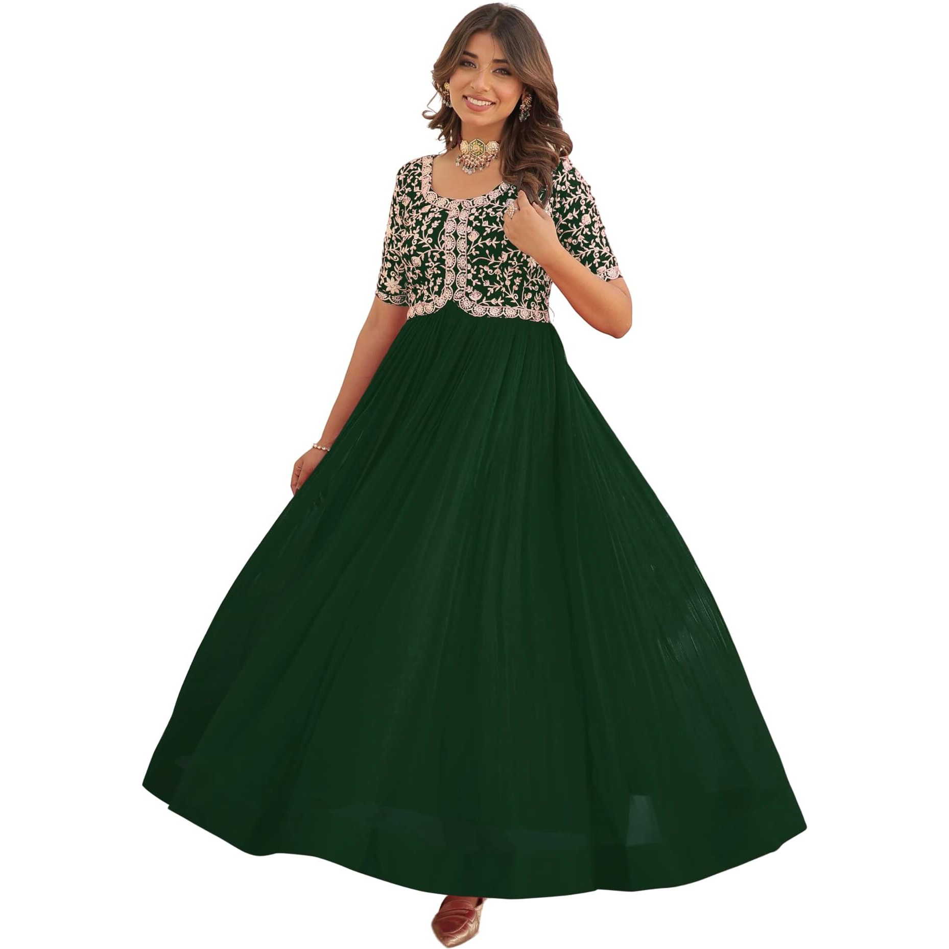 Fashion Basket Georgette Embroidered Anarkali Dress Foe Women (In, Alpha, 2Xl, Regular, Green)