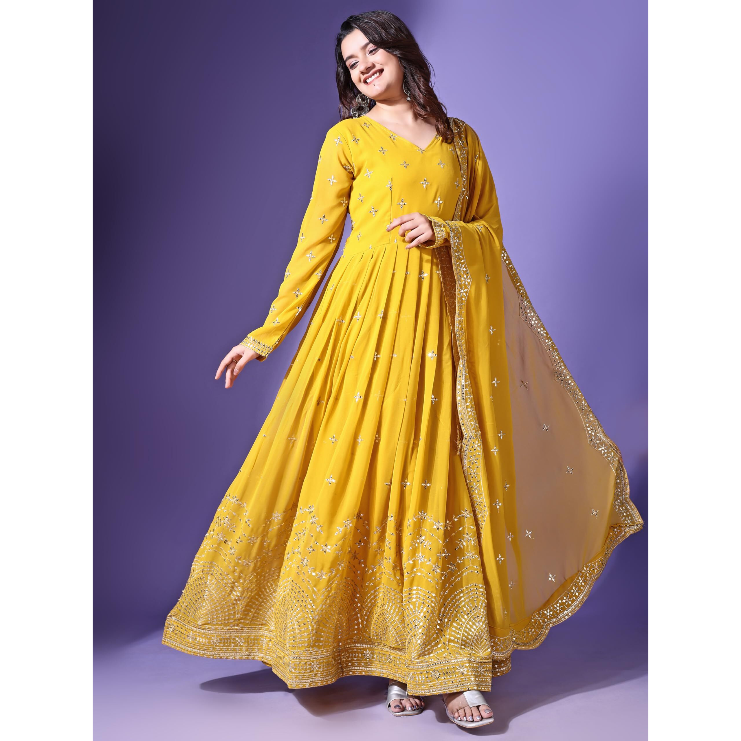 Fashion Basket Faux Georgette Sequins Anarkali Dress For Women (In, Alpha, M, Regular, Yellow)