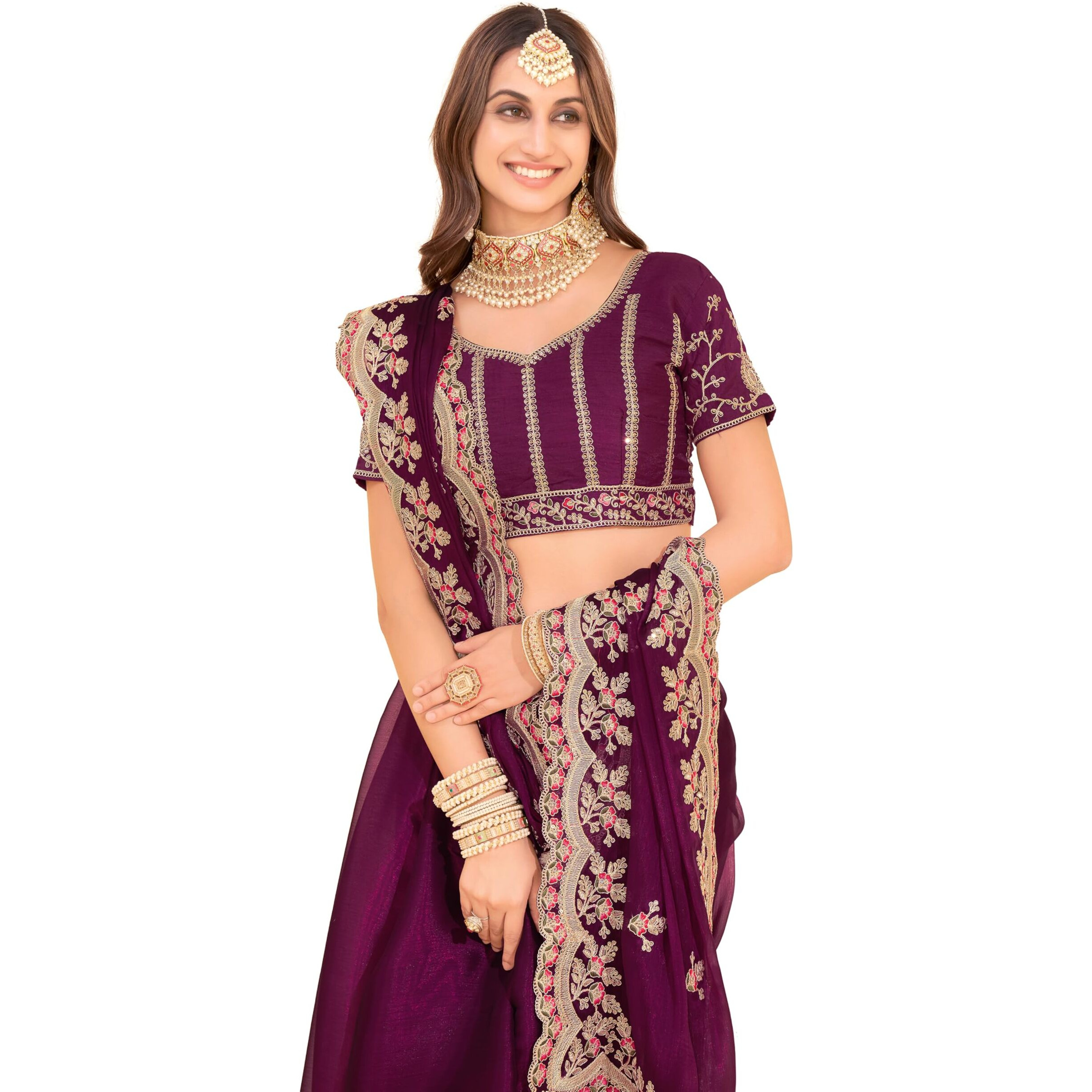 Glory Sarees Womens Soft Burberry Chiffon Heavy Embroidery Saree With Blouse Piece (Qualamkars_101_Wine)