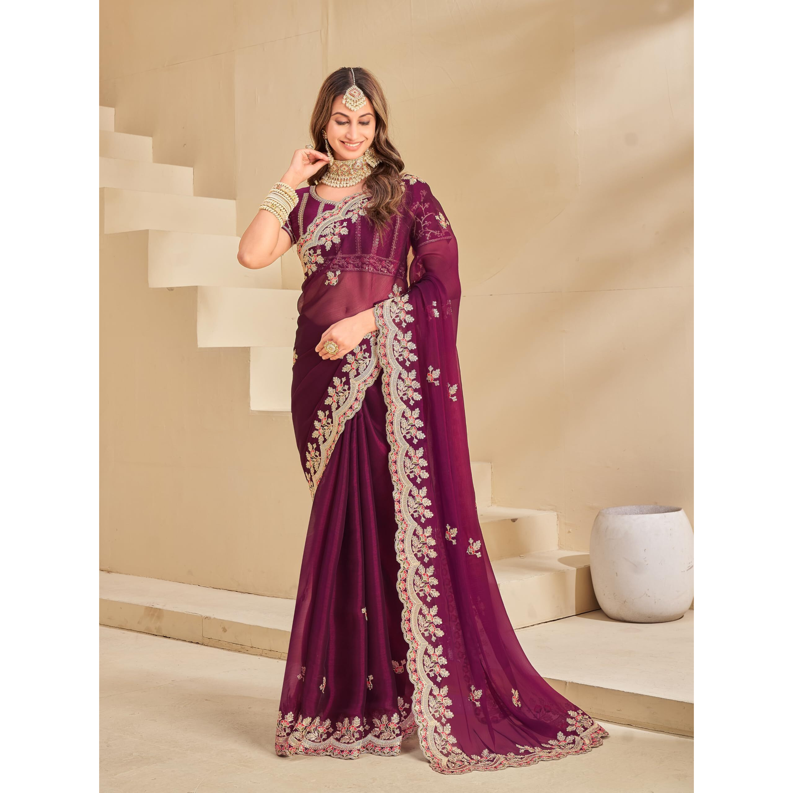 Glory Sarees Womens Soft Burberry Chiffon Heavy Embroidery Saree With Blouse Piece (Qualamkars_101_Wine)