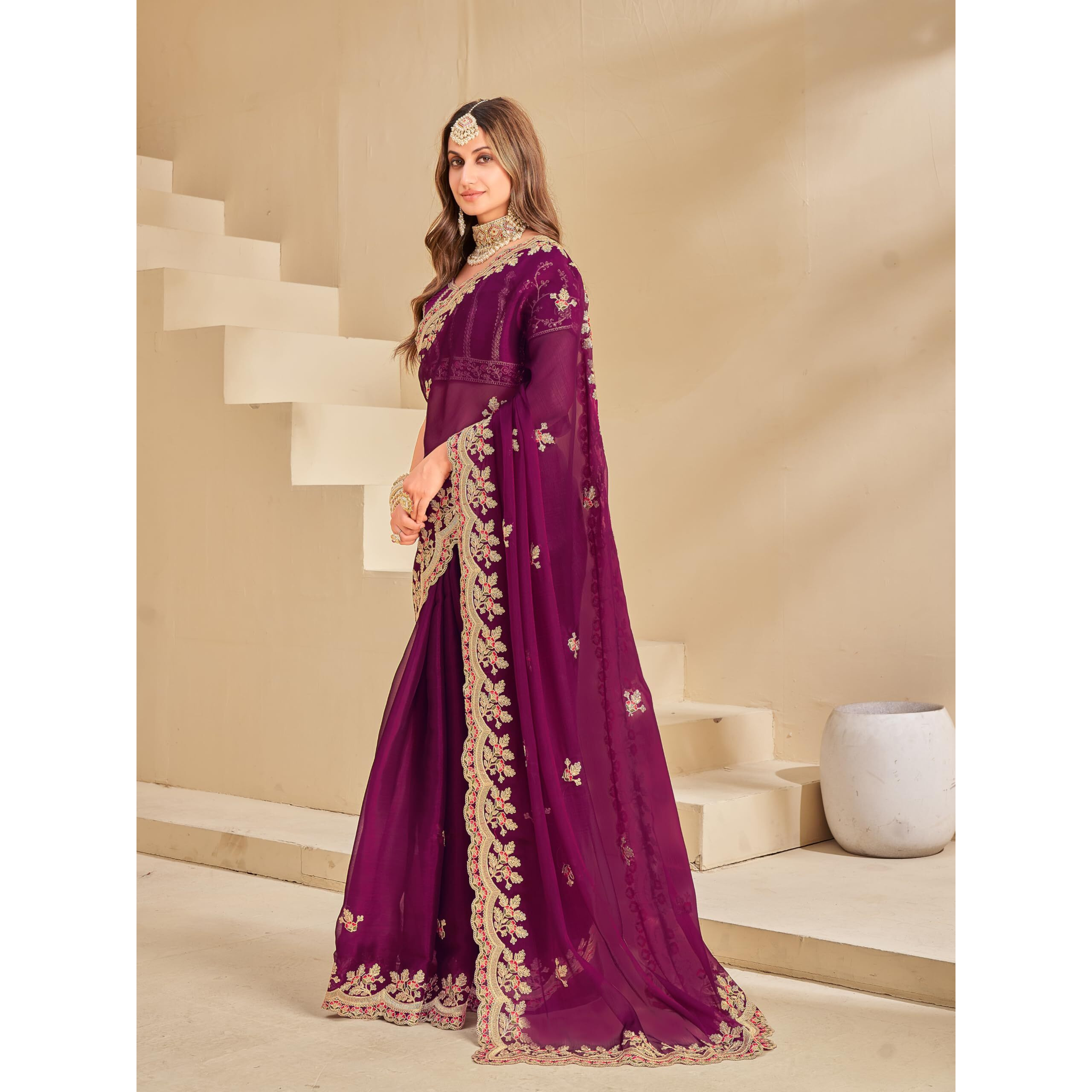 Glory Sarees Womens Soft Burberry Chiffon Heavy Embroidery Saree With Blouse Piece (Qualamkars_101_Wine)