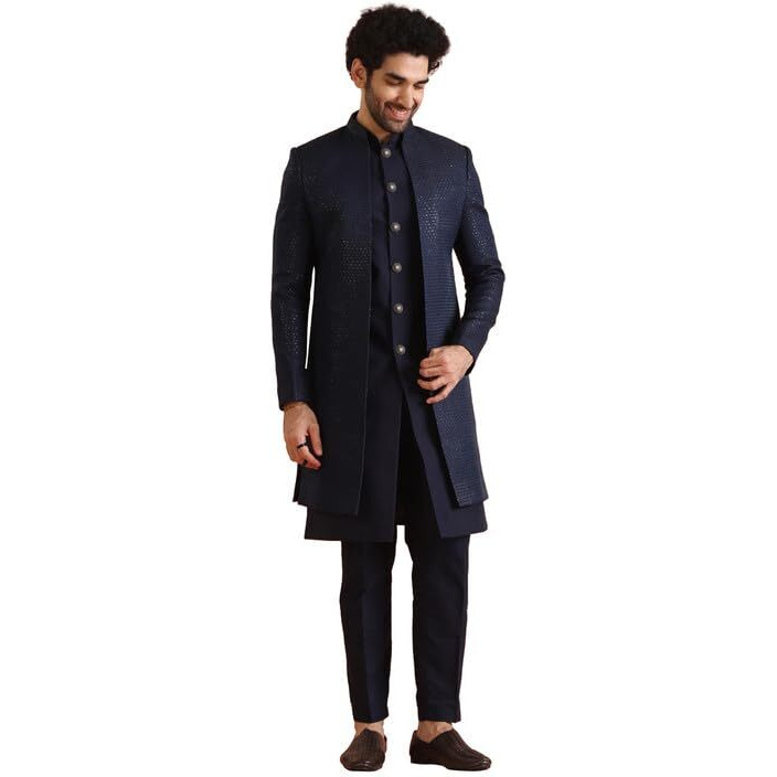 Kisah Mens Indo-Western Sherwani Trouser Set|Silk Blend Fabric Sherwani Set With Trousers Self Design Pattern Mens Ethnic Wear|Regular Fit Mandarin Collar Long Sleeves, Navy Blue, 44