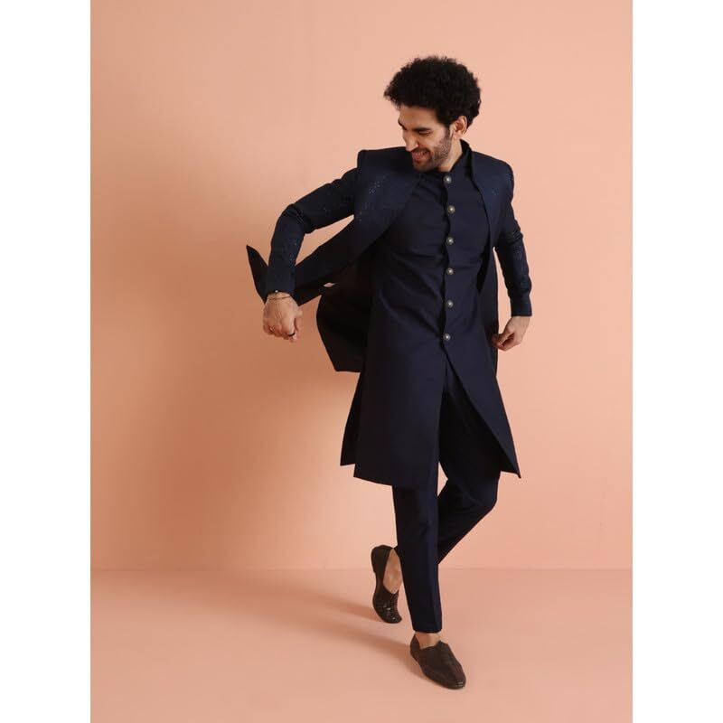 Kisah Mens Indo-Western Sherwani Trouser Set|Silk Blend Fabric Sherwani Set With Trousers Self Design Pattern Mens Ethnic Wear|Regular Fit Mandarin Collar Long Sleeves, Navy Blue, 44