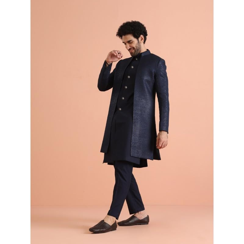 Kisah Mens Indo-Western Sherwani Trouser Set|Silk Blend Fabric Sherwani Set With Trousers Self Design Pattern Mens Ethnic Wear|Regular Fit Mandarin Collar Long Sleeves, Navy Blue, 44