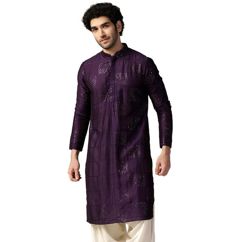 Kisah Men's Kurta, Purple Cotton, Embellished Regular Fit Mandarin Collar Long Sleeves (38)