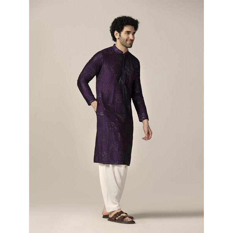 Kisah Men's Kurta, Purple Cotton, Embellished Regular Fit Mandarin Collar Long Sleeves (38)