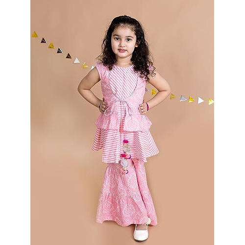Pspeaches Girls Pink Floral Striped Empire Pure Cotton Kurti With Sharara (Pink-5-6Y)