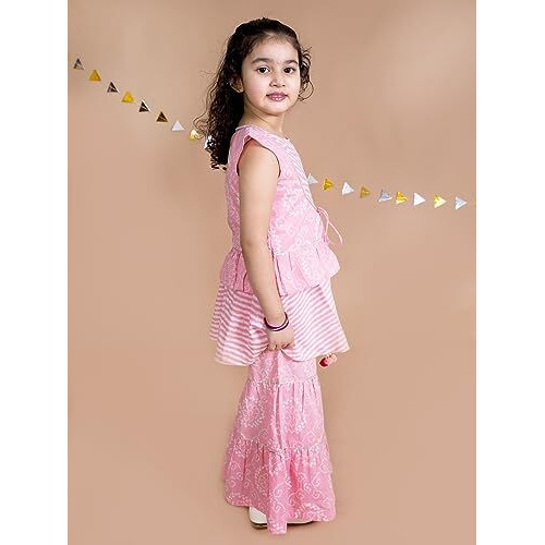 Pspeaches Girls Pink Floral Striped Empire Pure Cotton Kurti With Sharara (Pink-5-6Y)