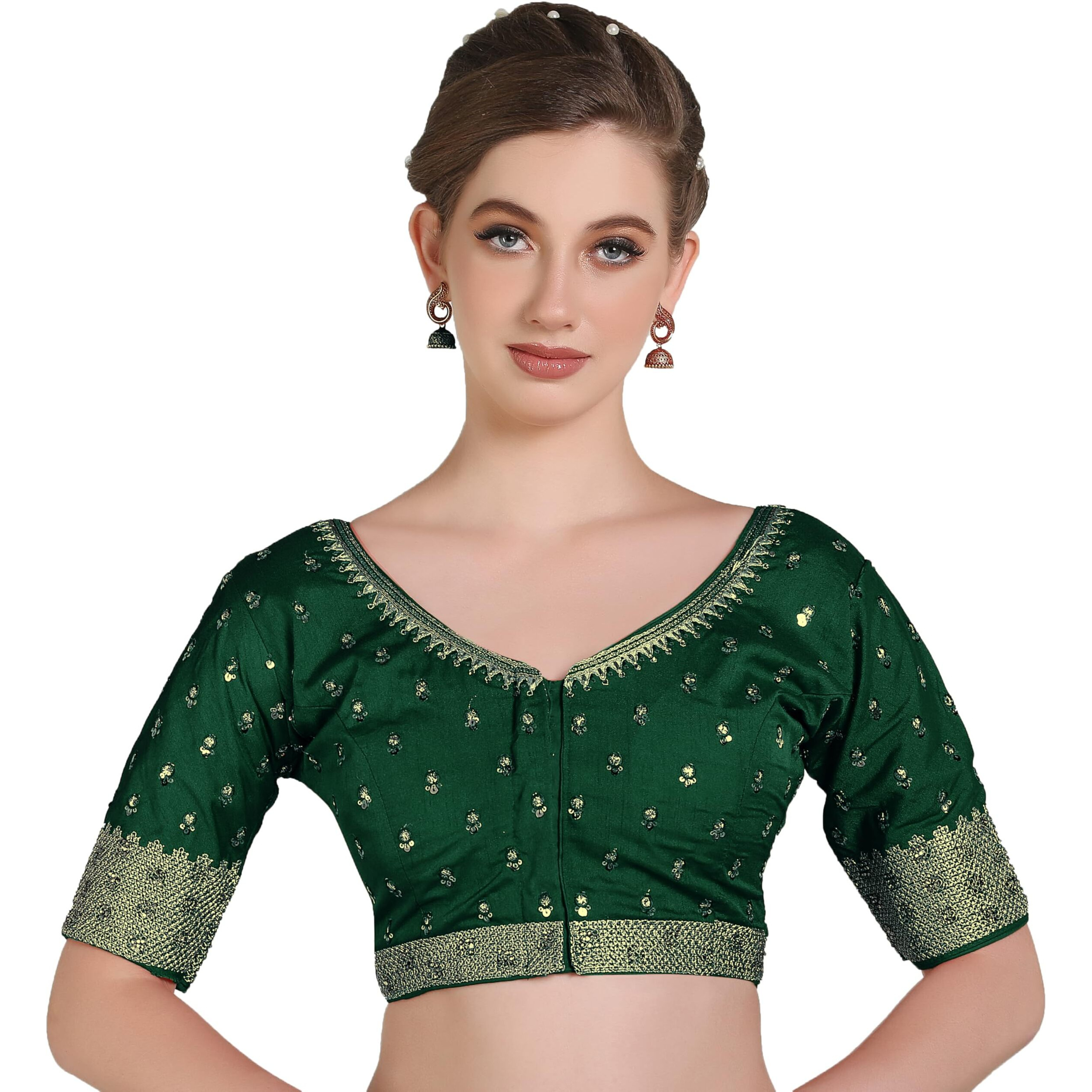 Pujia Mills Women Indian Ethnic Wear Designer Golden Codding With Zari Embroidered Diamond Work Round Neck Half Sleeve Readymade Aari Work Saree Blouse Bridal Readymade Blouse Green For Lehenga Choli