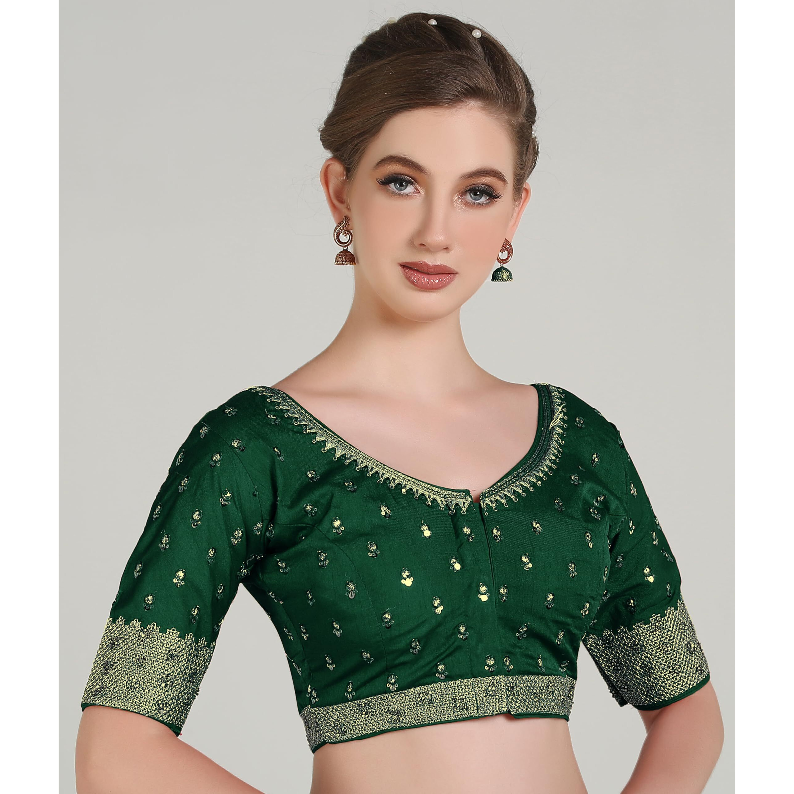 Pujia Mills Women Indian Ethnic Wear Designer Golden Codding With Zari Embroidered Diamond Work Round Neck Half Sleeve Readymade Aari Work Saree Blouse Bridal Readymade Blouse Green For Lehenga Choli