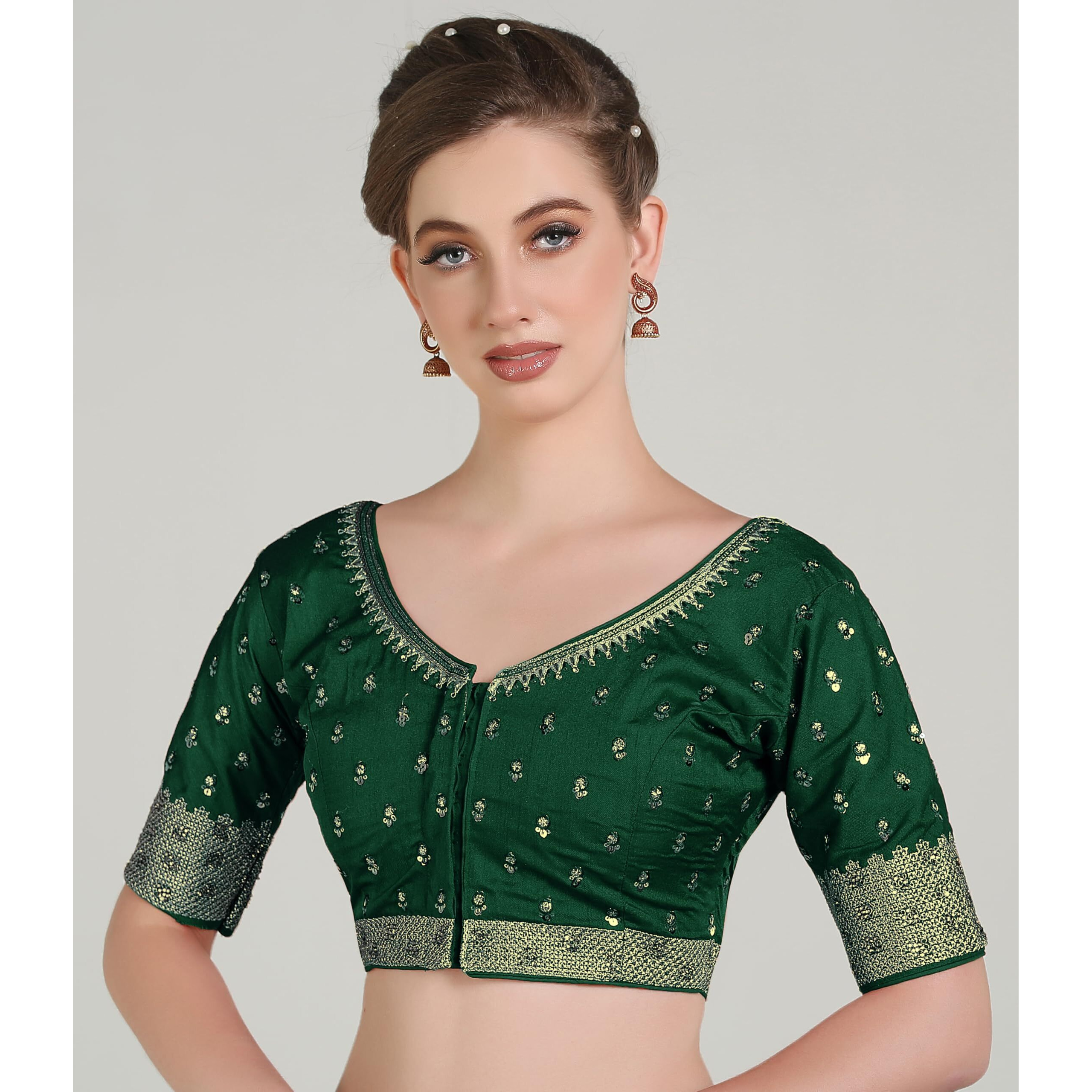 Pujia Mills Women Indian Ethnic Wear Designer Golden Codding With Zari Embroidered Diamond Work Round Neck Half Sleeve Readymade Aari Work Saree Blouse Bridal Readymade Blouse Green For Lehenga Choli