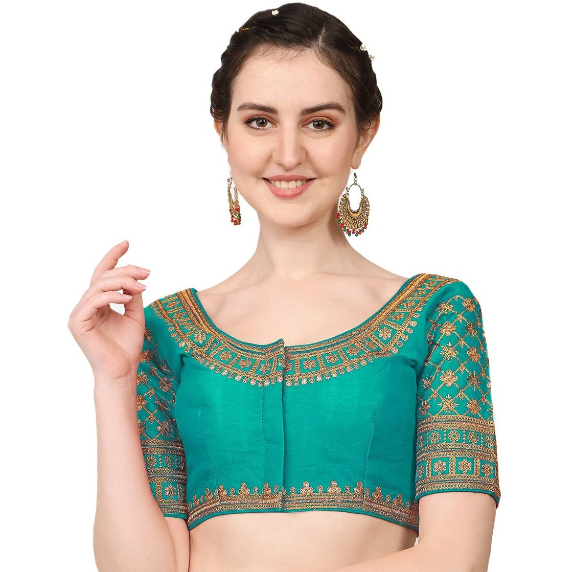 Pujia Mills Women's Silk Embroidery Sequin Stone Work Readymade Saree Blouse