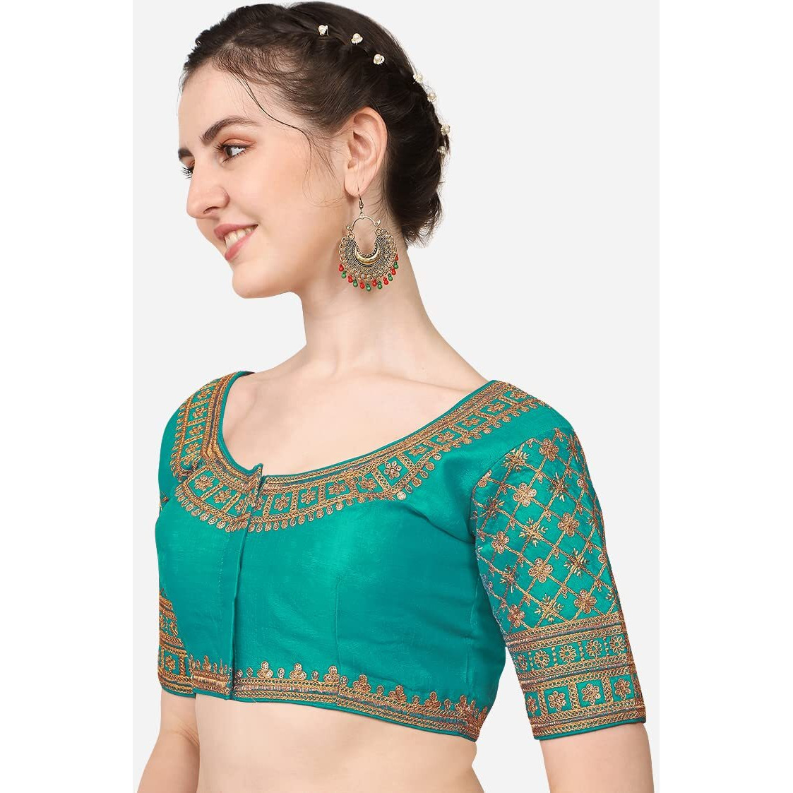 Pujia Mills Women's Silk Embroidery Sequin Stone Work Readymade Saree Blouse