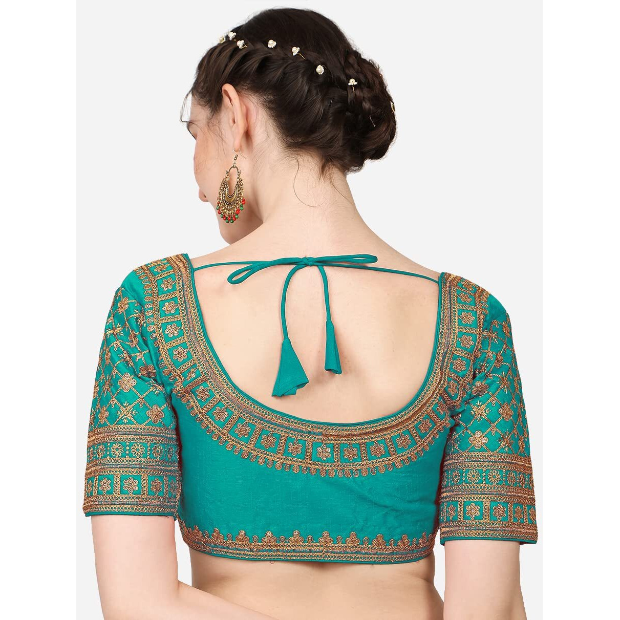 Pujia Mills Women's Silk Embroidery Sequin Stone Work Readymade Saree Blouse