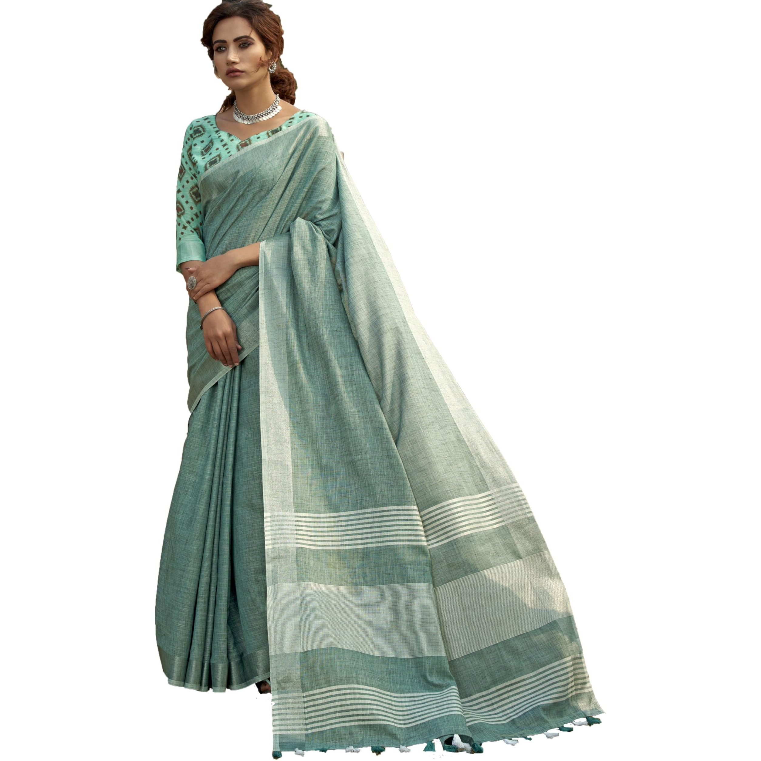 Pujia Mills Woman Soft Linen Saree With Zari Woven Design Cotton Saree Zari Border Saree Indian Ethnic Wear Saree Cotton Saree Casual Light Color Linen Saree Border Work Saree Plain Professional Saree