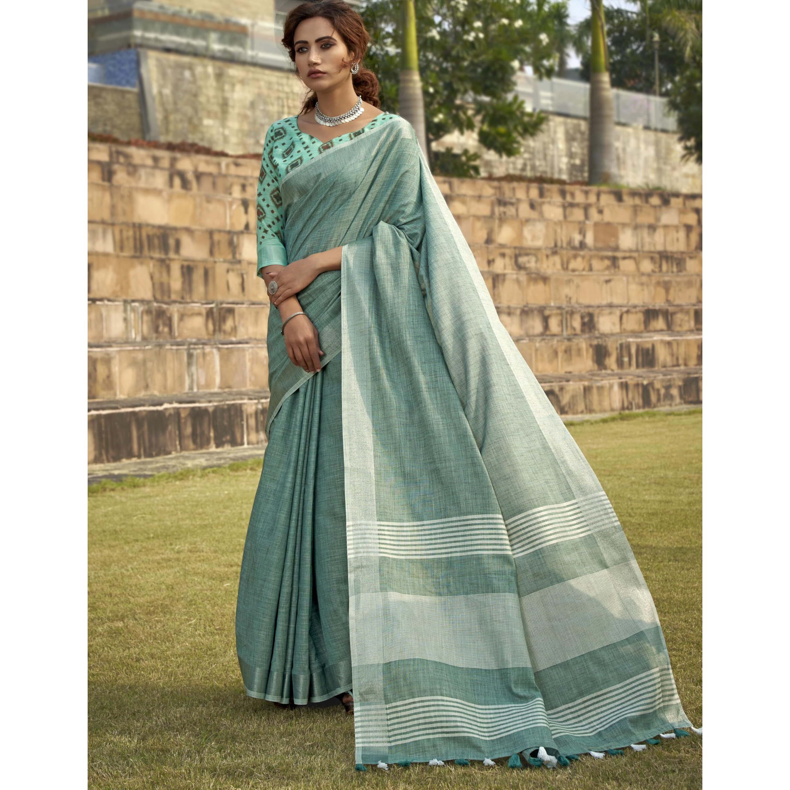 Pujia Mills Woman Soft Linen Saree With Zari Woven Design Cotton Saree Zari Border Saree Indian Ethnic Wear Saree Cotton Saree Casual Light Color Linen Saree Border Work Saree Plain Professional Saree