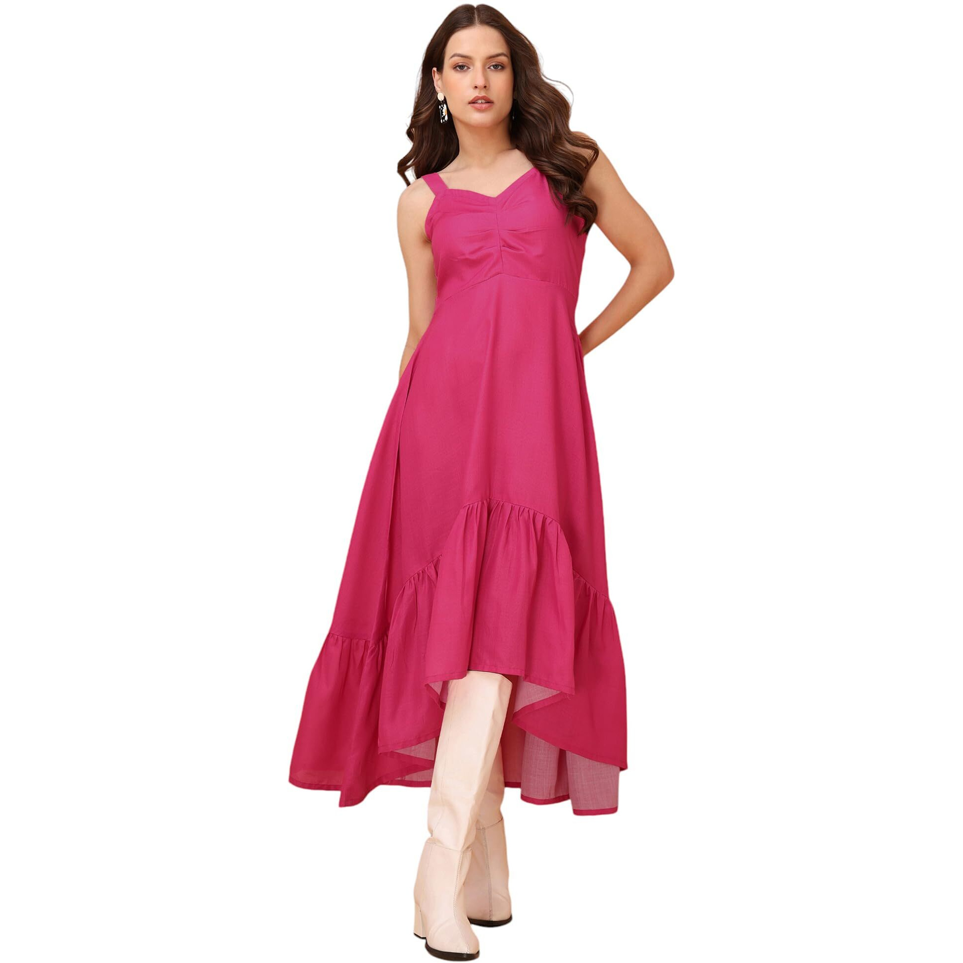 Purvaja Womens V-Neck Ruffle Cotton Blend Dress (Floe-053-L_Pink)