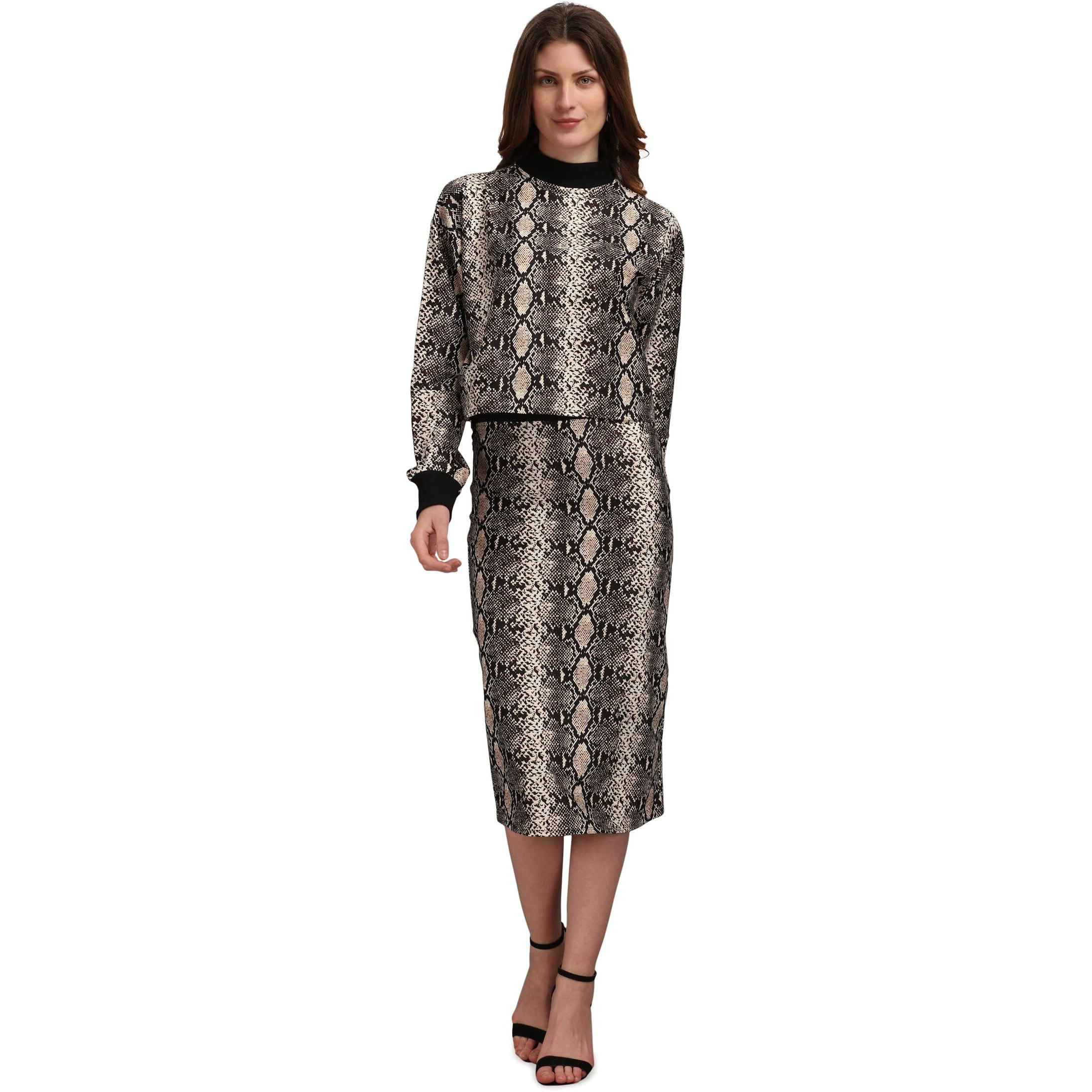 Purvaja Women's Polyester Blend Cocktail Midi Dress (Maxi-021-Anaconda-L_Beige