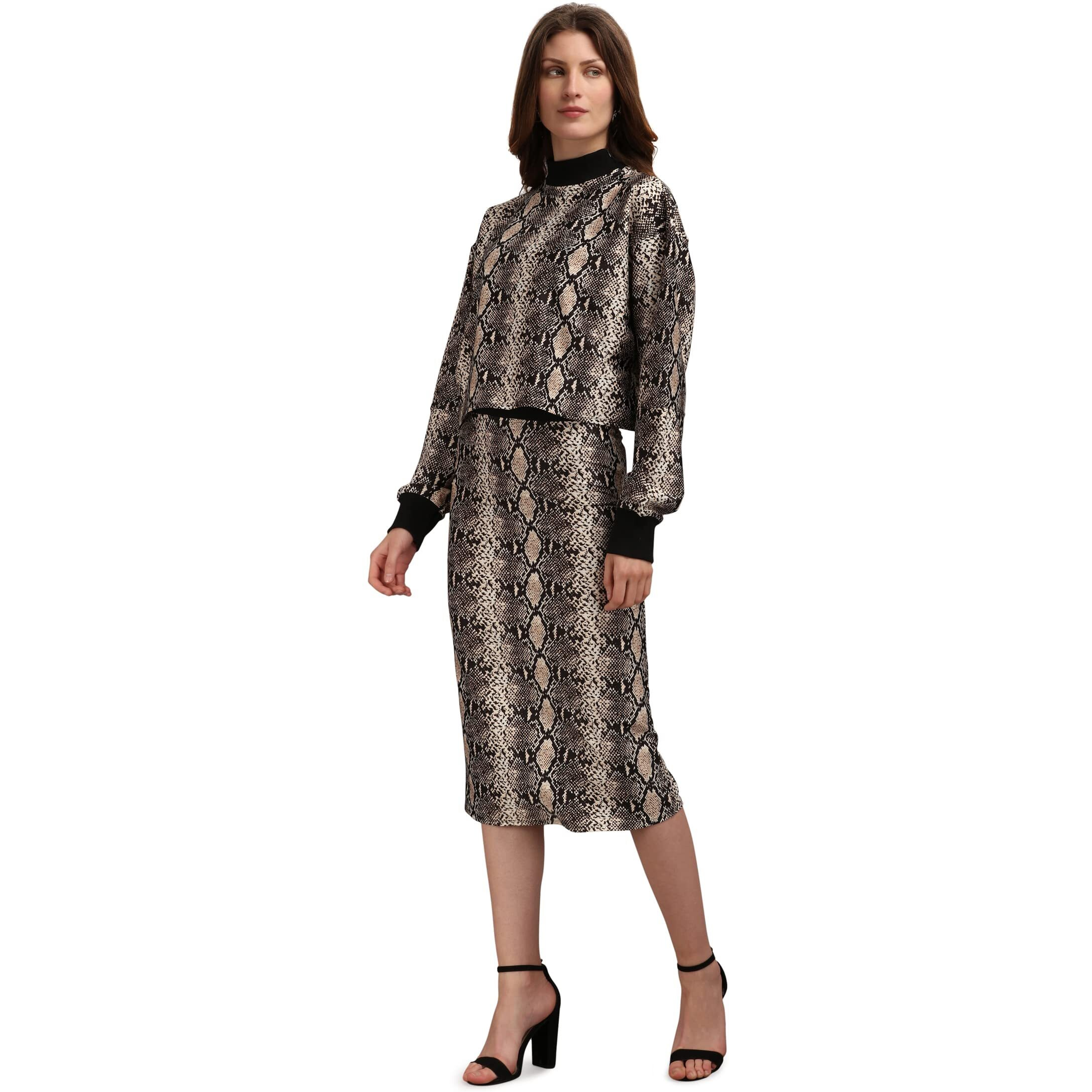 Purvaja Women's Polyester Blend Cocktail Midi Dress (Maxi-021-Anaconda-L_Beige