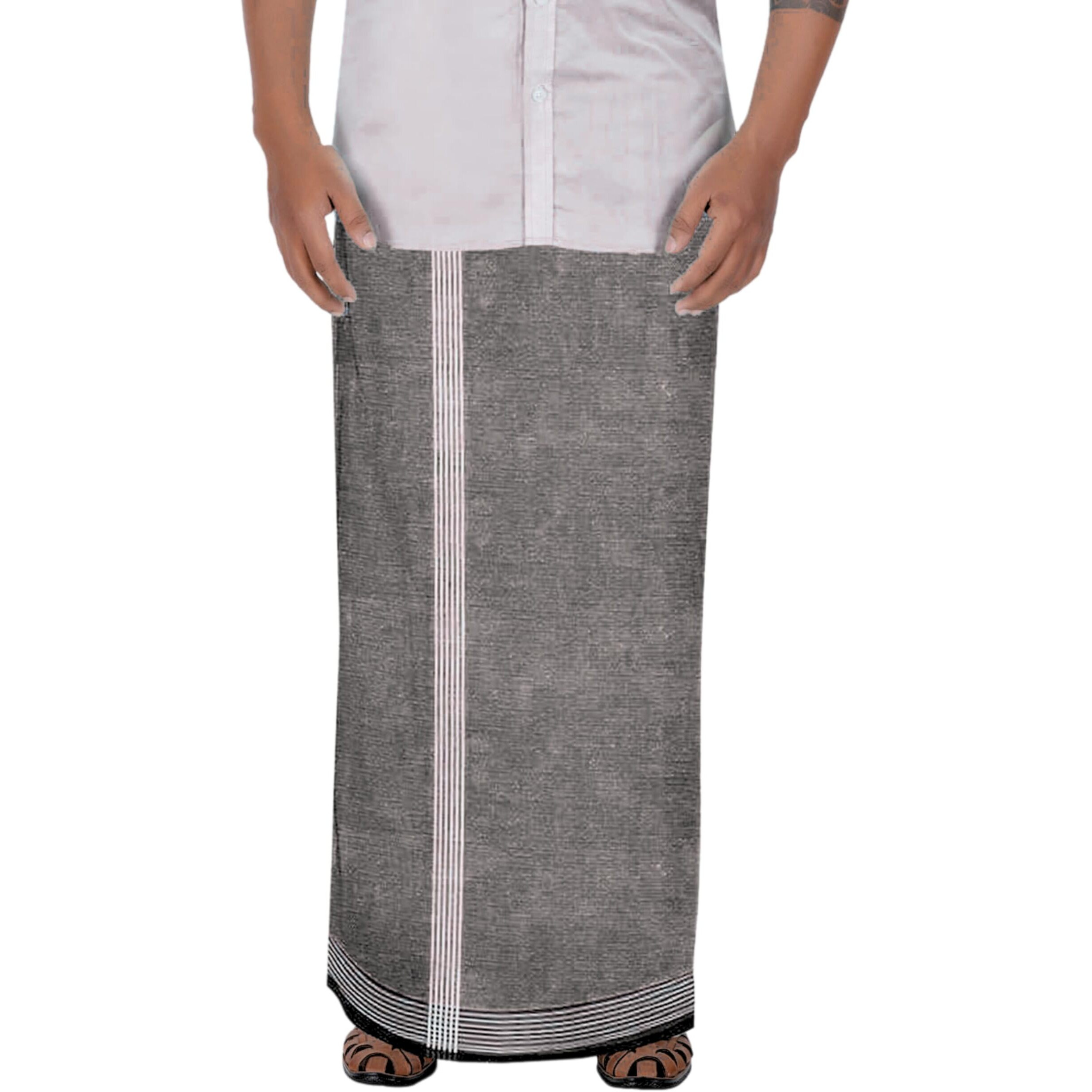 Prakasam Cotton Mens Cotton Single Multi Colour (1.28X2.00 Mtrs) Dhoti - Stripes Border (Ash)