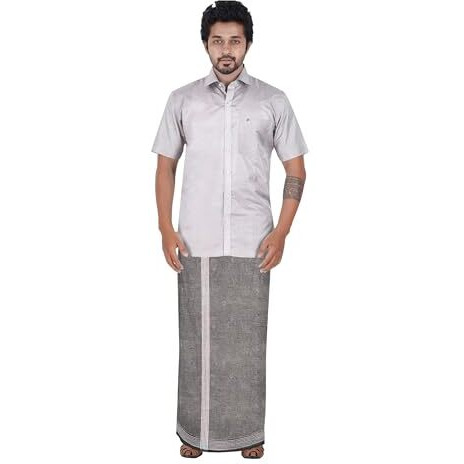 Prakasam Cotton Mens Cotton Single Multi Colour (1.28X2.00 Mtrs) Dhoti - Stripes Border (Ash)