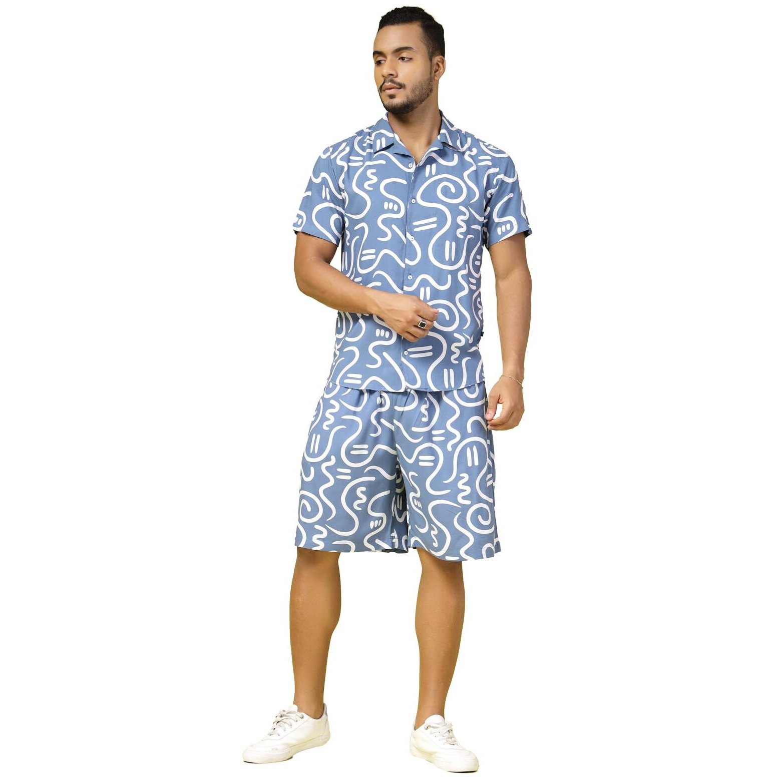 Rigo Printed Co-Ord Set For Men | Casual Shirt & Shorts Night Suit | Lounge-Wear Nightdress Shorts Set | Night Wear, Beach, Vacation Outfit Blue S
