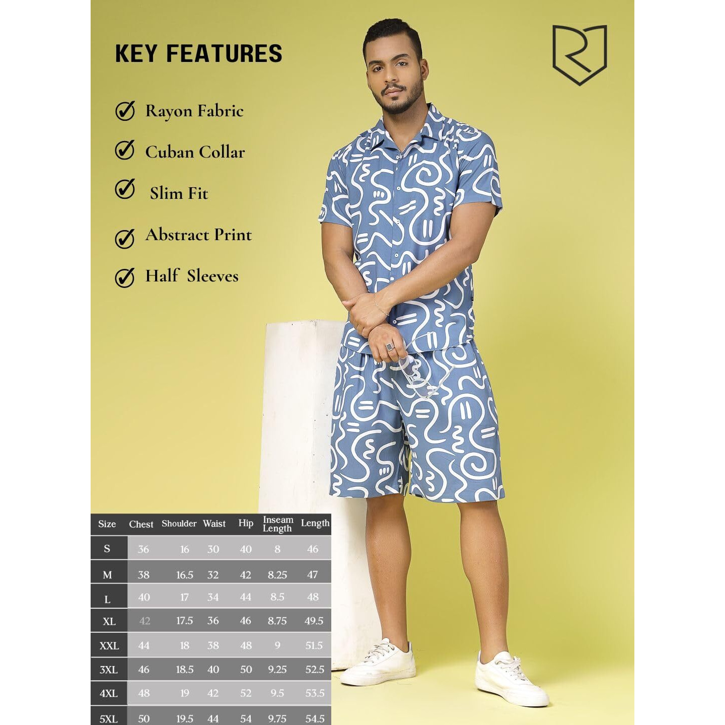 Rigo Printed Co-Ord Set For Men | Casual Shirt & Shorts Night Suit | Lounge-Wear Nightdress Shorts Set | Night Wear, Beach, Vacation Outfit Blue S