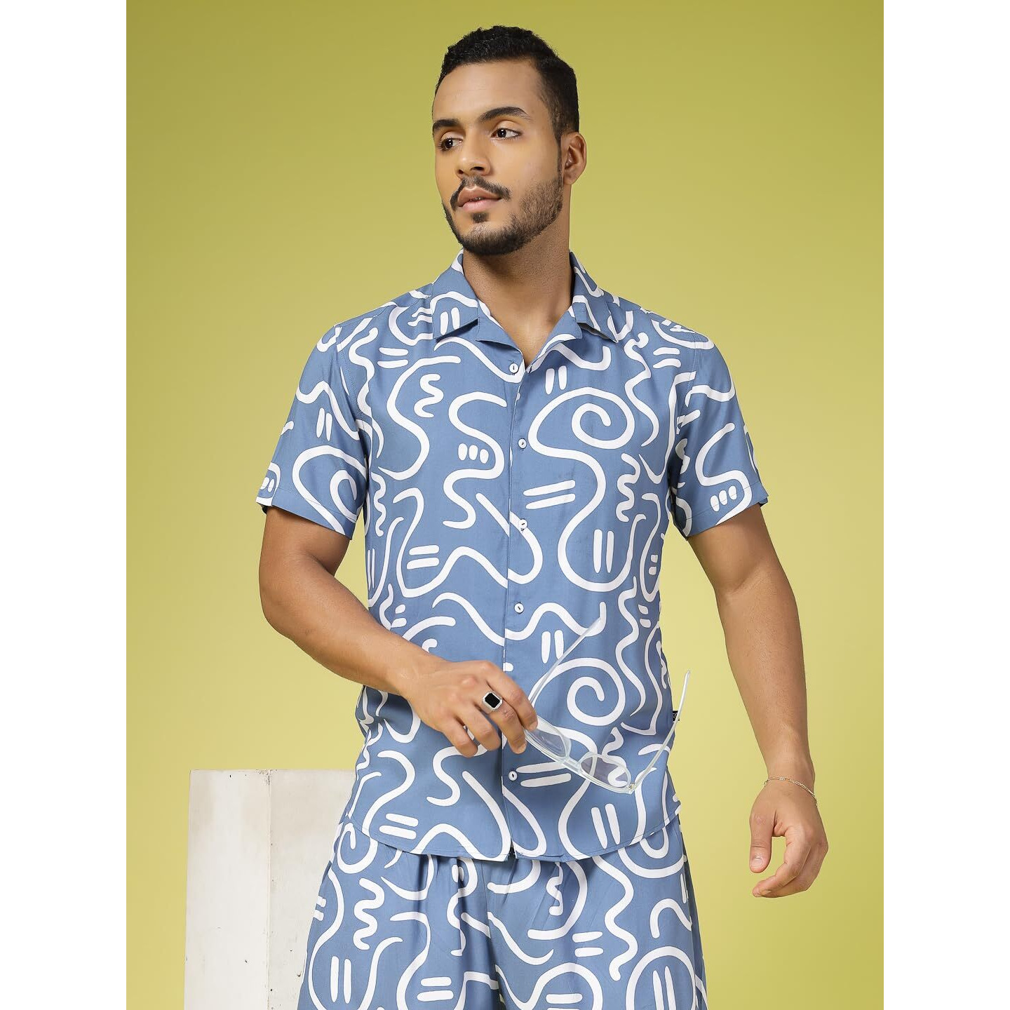 Rigo Printed Co-Ord Set For Men | Casual Shirt & Shorts Night Suit | Lounge-Wear Nightdress Shorts Set | Night Wear, Beach, Vacation Outfit Blue S