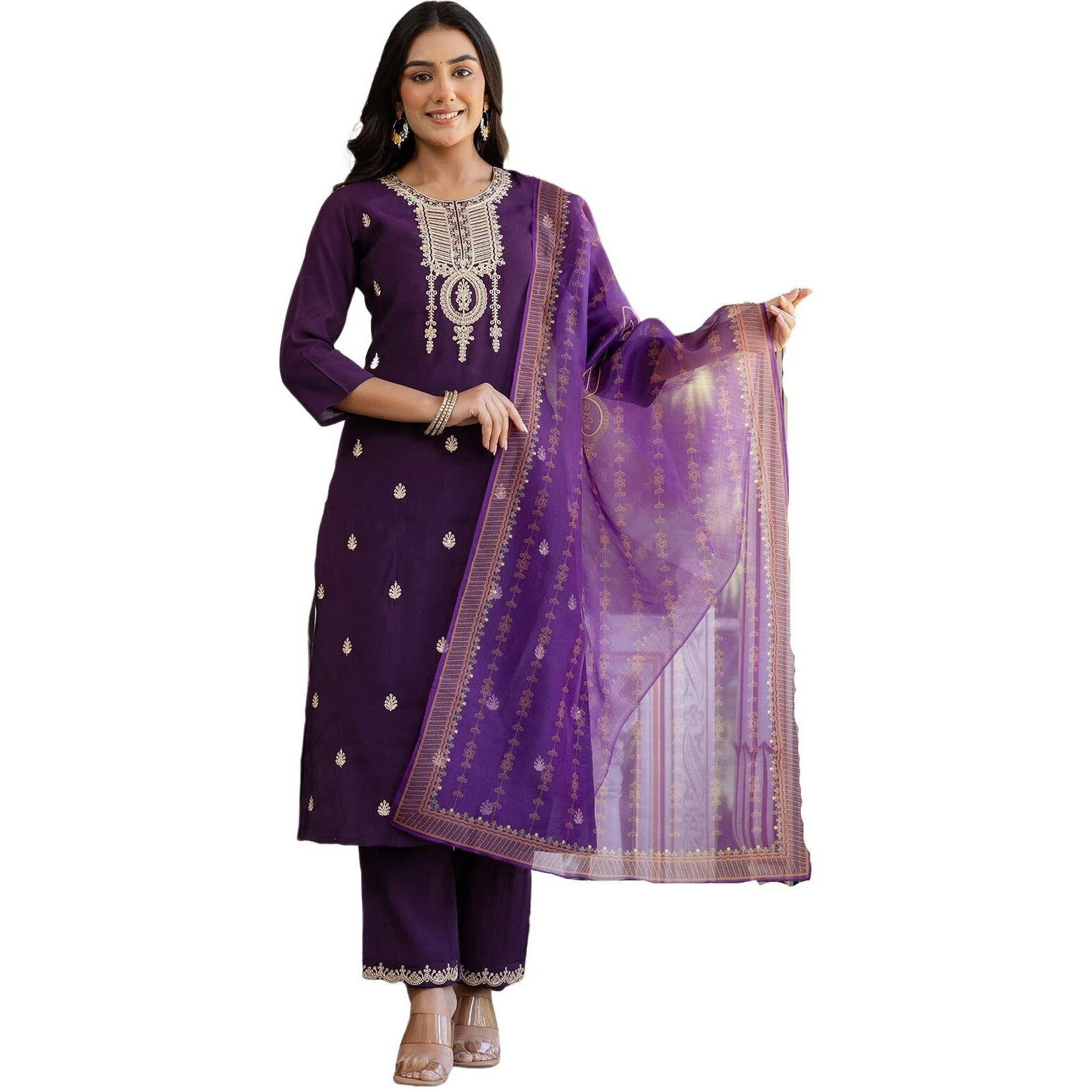 Sanisa Women's Silk Embroidery And Sequins Work Straight Kurta With Pant And Dupatta Set (240Kbd2532N-M_Dark Purple)
