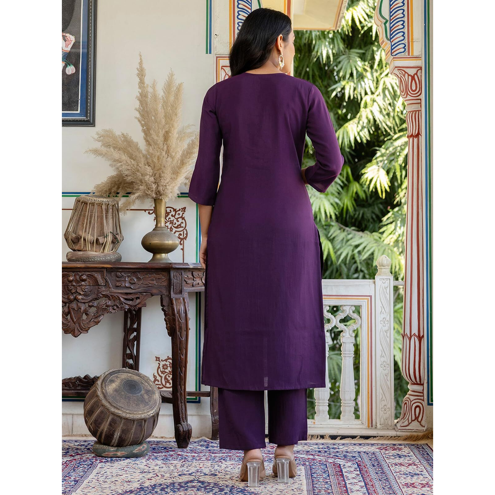 Sanisa Women's Silk Embroidery And Sequins Work Straight Kurta With Pant And Dupatta Set (240Kbd2532N-M_Dark Purple)