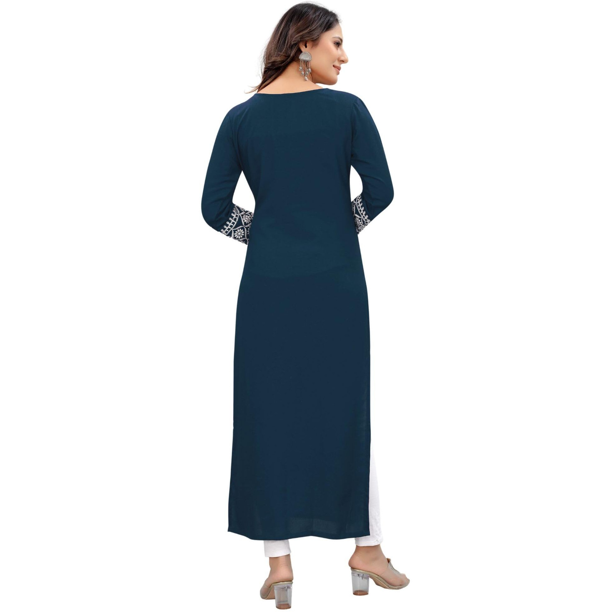 Rytras Women's Embroidered Straight Kurta(Teal Blue,S)