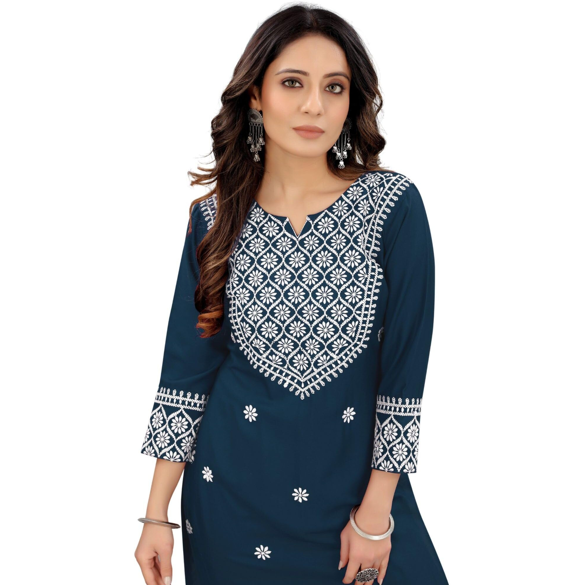 Rytras Women's Embroidered Straight Kurta(Teal Blue,S)