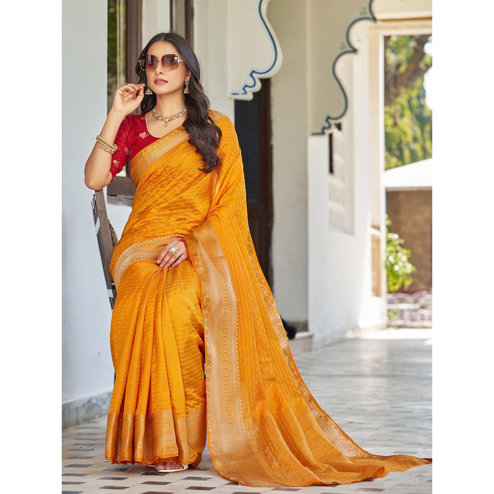 Satrani Women's Kanjivaram Silk Weaving Saree With Unstitched Blouse Piece (4247S611N_Turmeric Yellow)