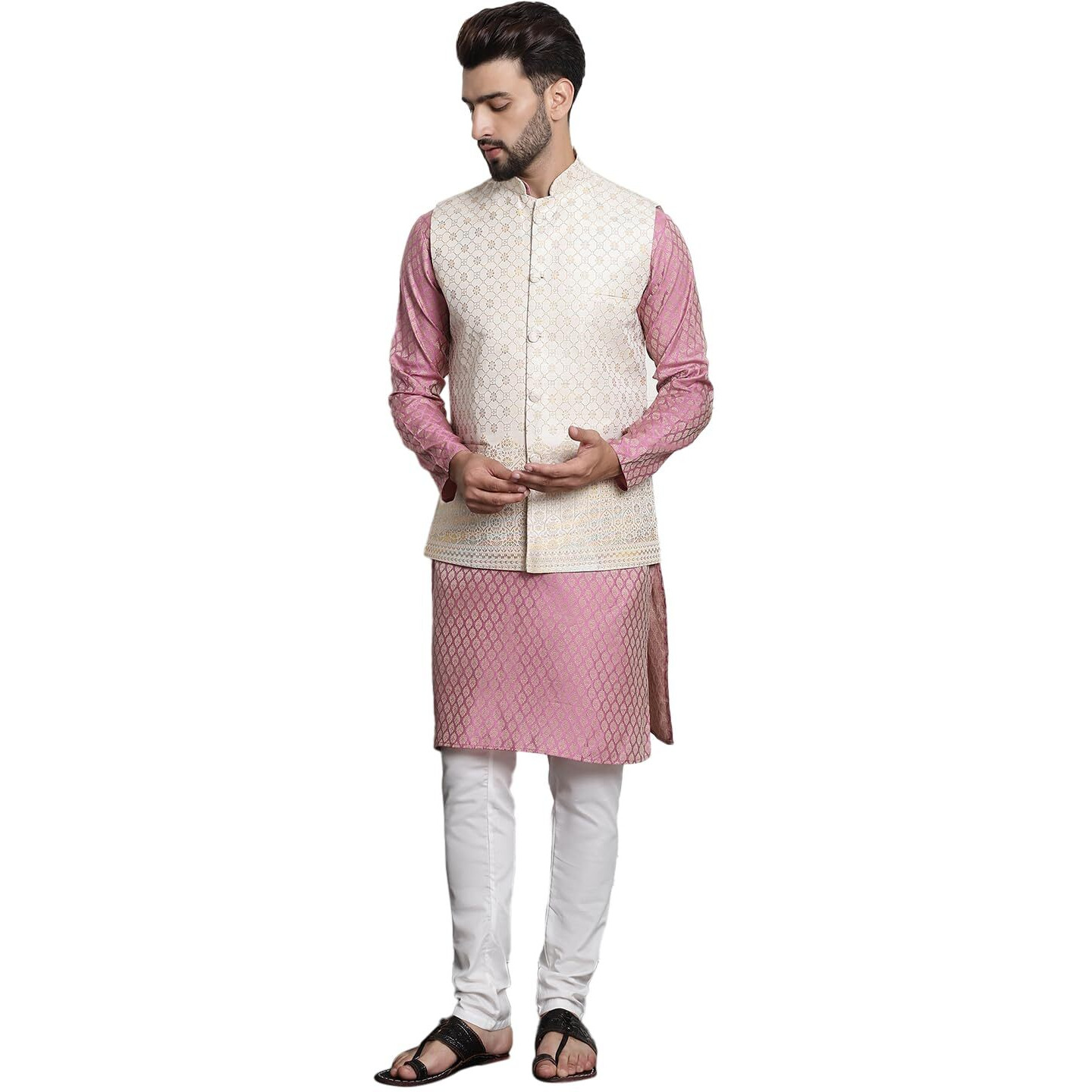 Sojanya (Since 1958 Men's Ethnic Motifs Woven Design Silk Blend Kurta & Churidar With Cream Nehru Jacket Size-36