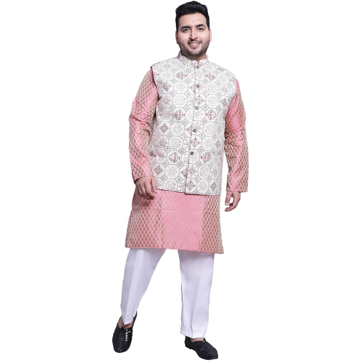 Sojanya (Since 1958 Men's Silk Blend Pink Kurta & Cream Printed Nehrujacket With White Pyjama