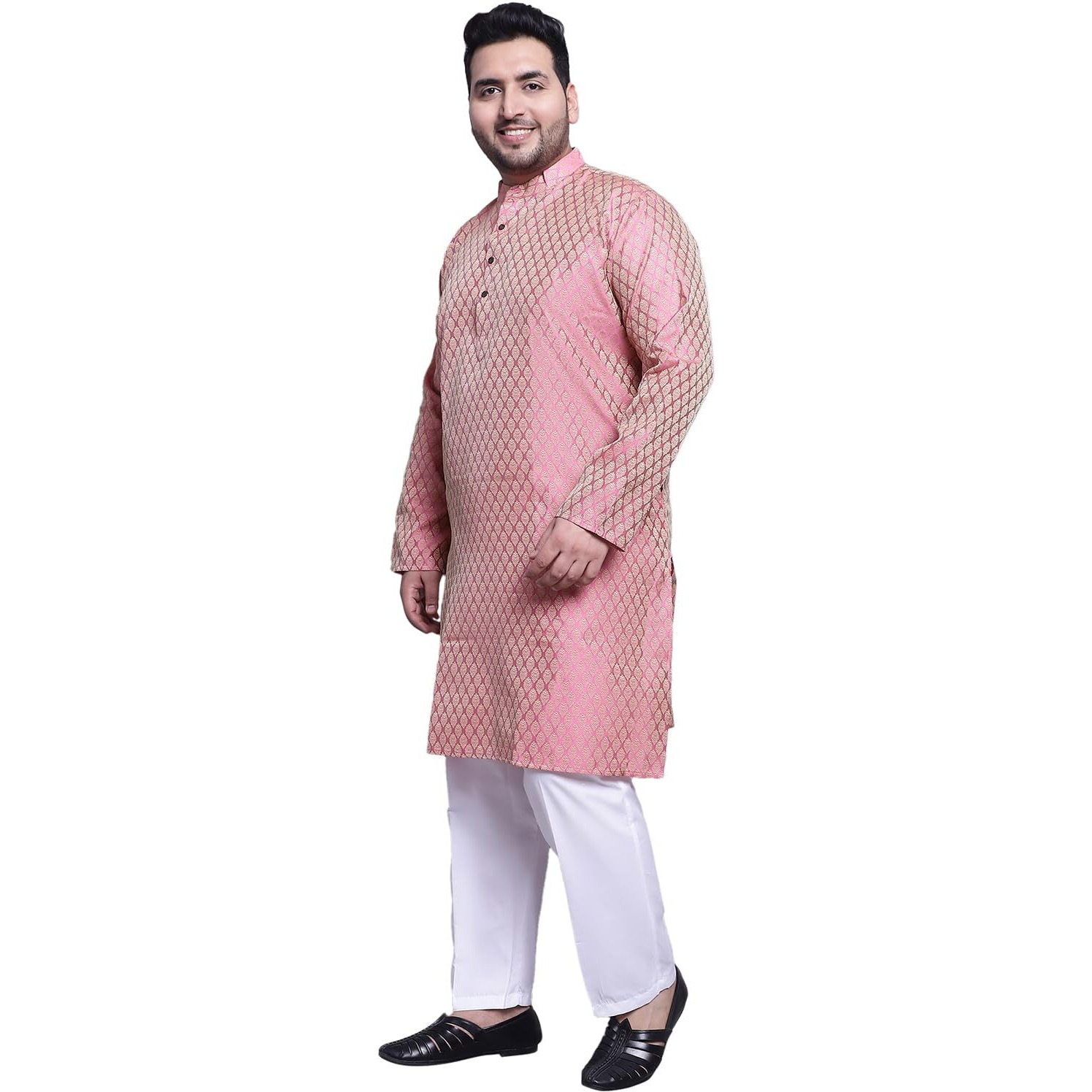 Sojanya (Since 1958 Men's Silk Blend Pink Kurta & Cream Printed Nehrujacket With White Pyjama