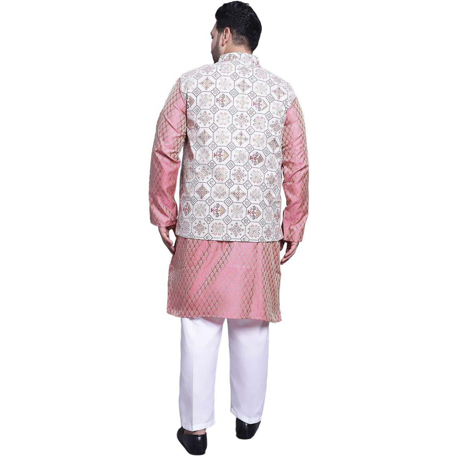 Sojanya (Since 1958 Men's Silk Blend Pink Kurta & Cream Printed Nehrujacket With White Pyjama