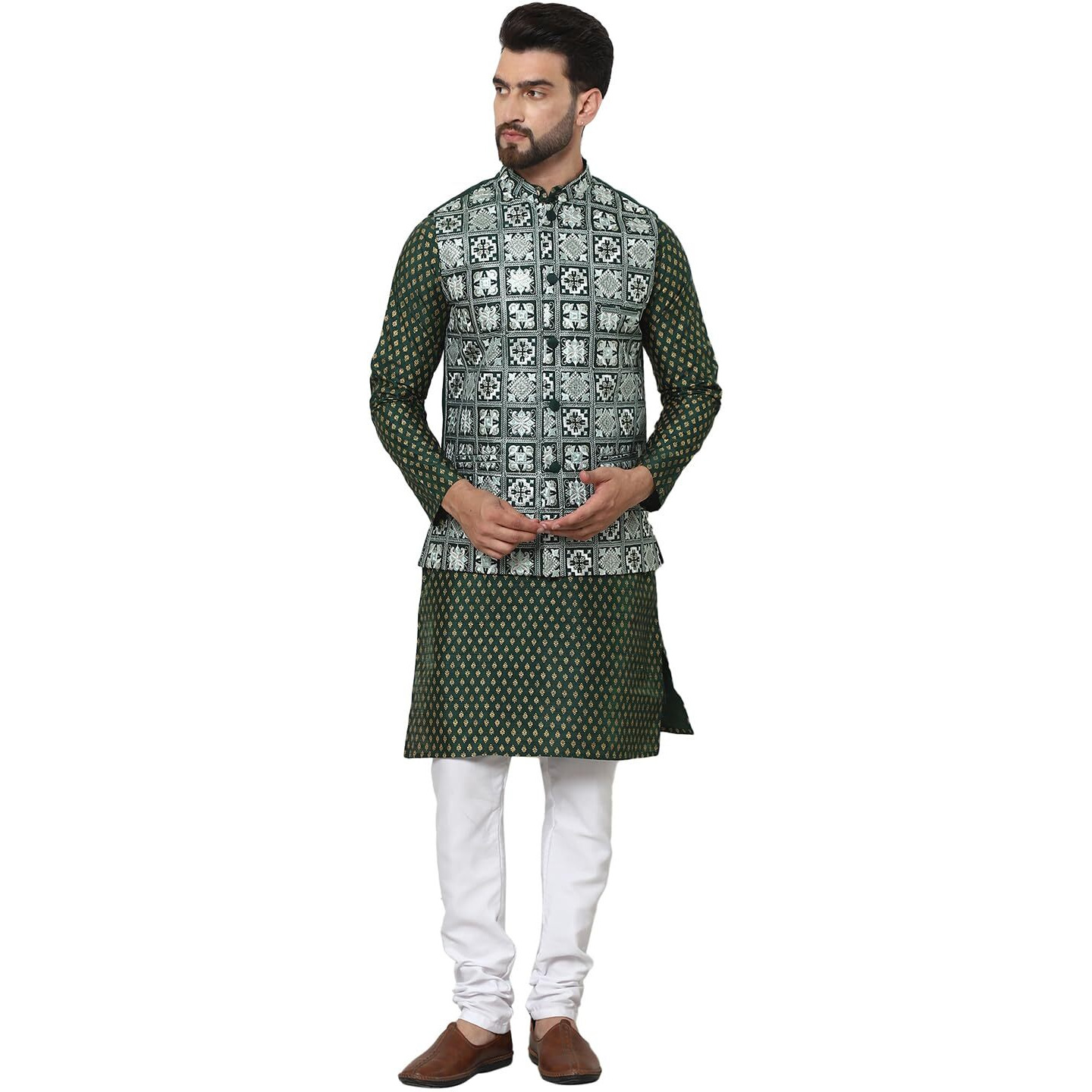 Sojanya (Since 1958 Men's Silk Blend Printed Green Kurta And White Pyjama With Embroidered Green Nehru Jacket