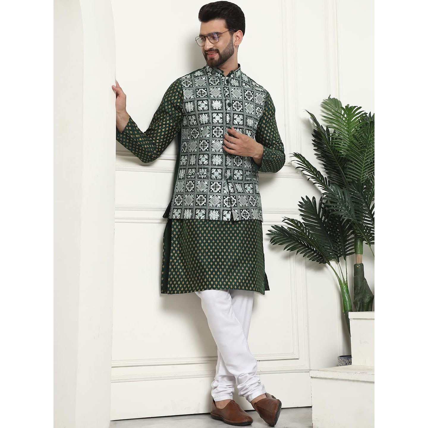 Sojanya (Since 1958 Men's Silk Blend Printed Green Kurta And White Pyjama With Embroidered Green Nehru Jacket