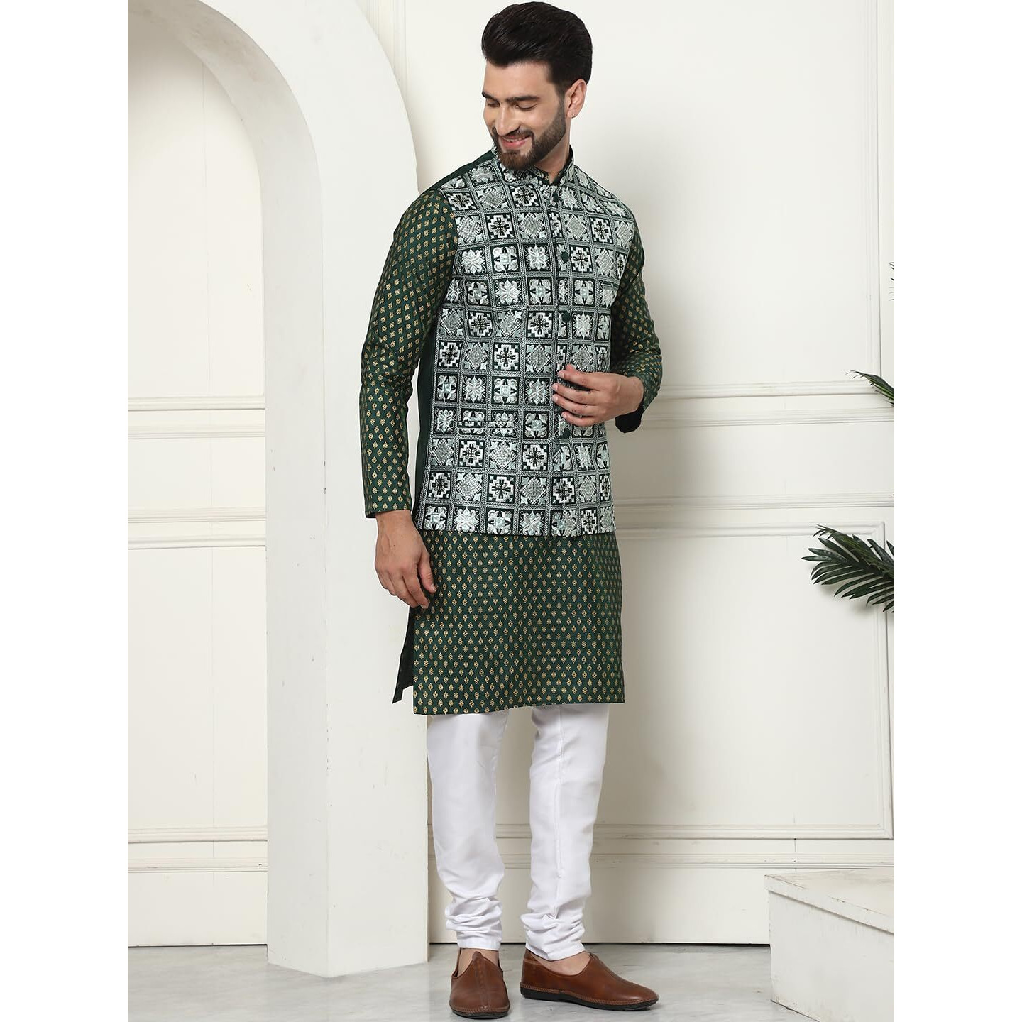 Sojanya (Since 1958 Men's Silk Blend Printed Green Kurta And White Pyjama With Embroidered Green Nehru Jacket
